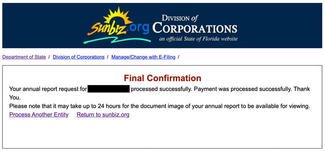Florida LLC Annual Report Final Confirmation