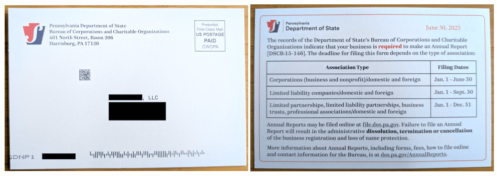 Pennsylvania LLC Annual Report Reminder Postcard