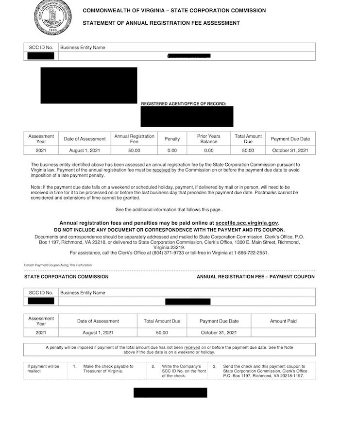 Virginia LLC Annual Fee reminder notice