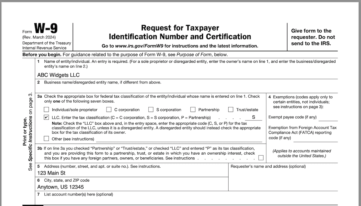 Example of Form W9 for LLC taxed as S-Corp