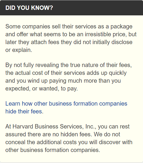 Harvard Business Services details all of their packages and pricing in a transparent manner.