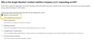 A yellow box on the IRS EIN application outlines the option of starting a new business as the reason for submitting the EIN application.