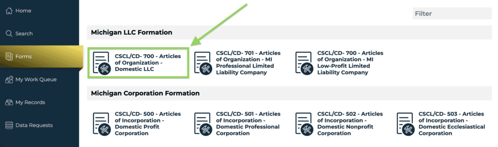 A green arrow points to a green box to indicate where the Articles of Organization link is located on the Michigan Business Registry Portal.