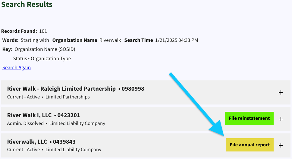 On the NC Secretary of State's Business Search page, a blue arrow points to the button labeled, File annual report.