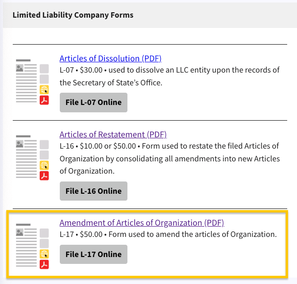 An orange rectangle surrounds an LLC form called the Amendment of Articles of Organization, and a button labeled, File L 17 Online.