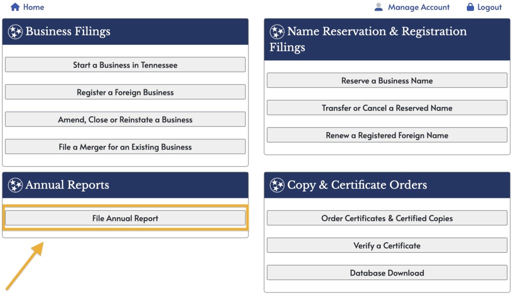 An orange arrow points to a button labeled File Annual Report that's surrounded by an orange rectangle.