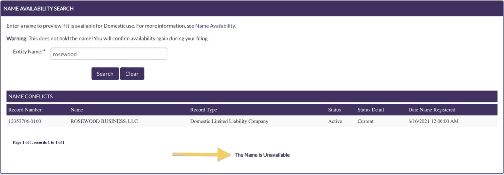 A yellow arrow points to text stating, The Name is Unavailable, at the bottom of a Utah Name Availability Search results page.