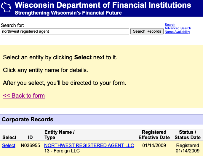 This example of the Wisconsin DFI's Corporate Records Search displays Registered Agent Service information for Northwest Registered Agent.